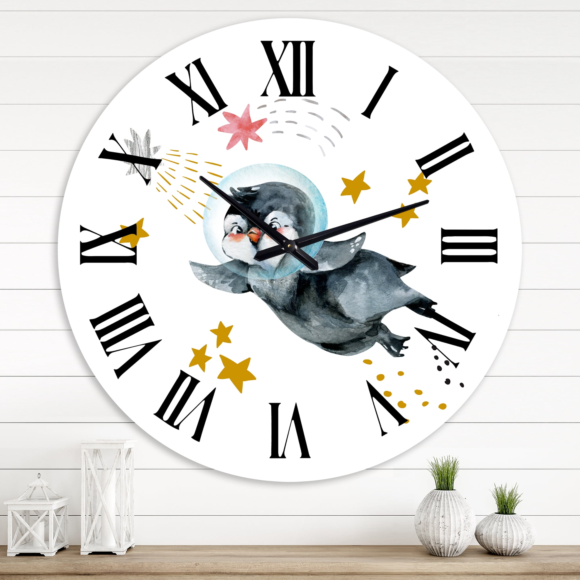 Designart 'Little Penguin Flying Stars And Planets I' Farmhouse Wall Clock