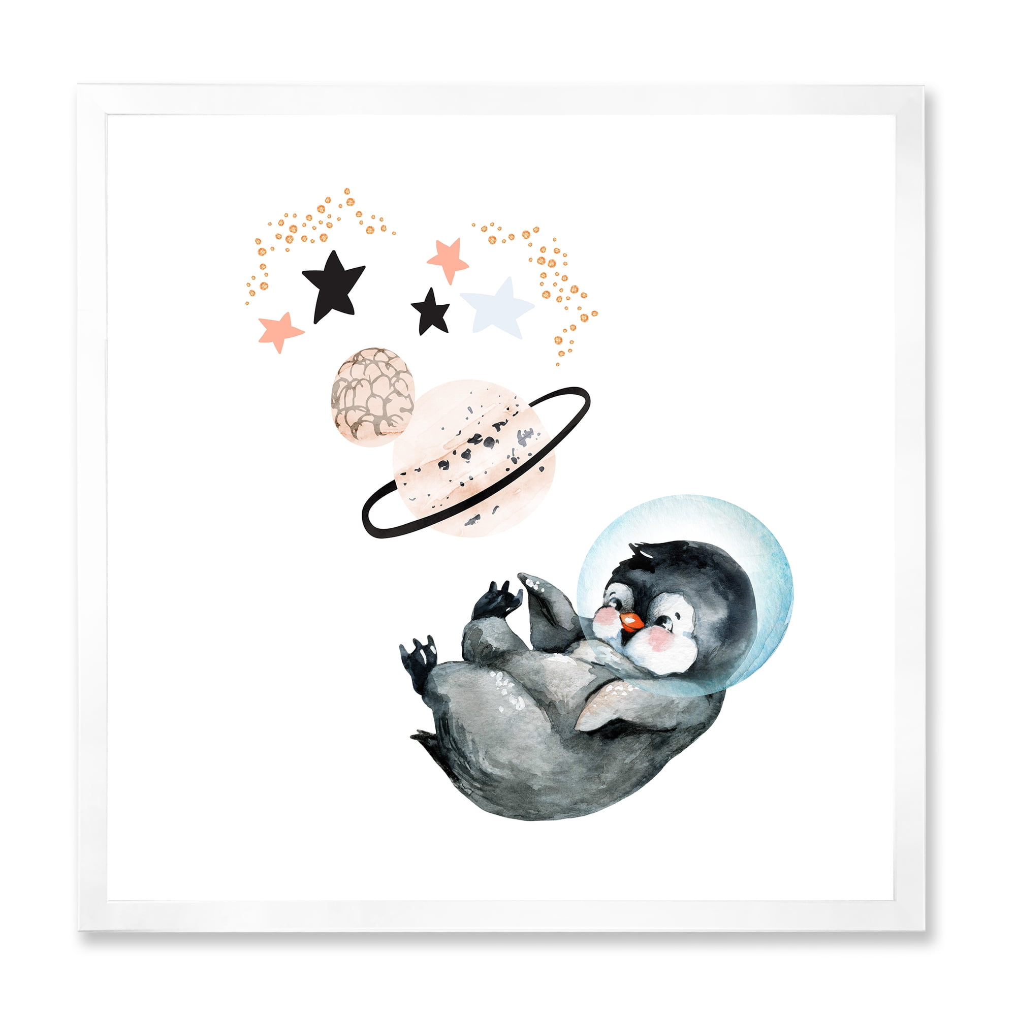 Designart 'Little Penguin With Planets and Stars I' Farmhouse Framed Art Print