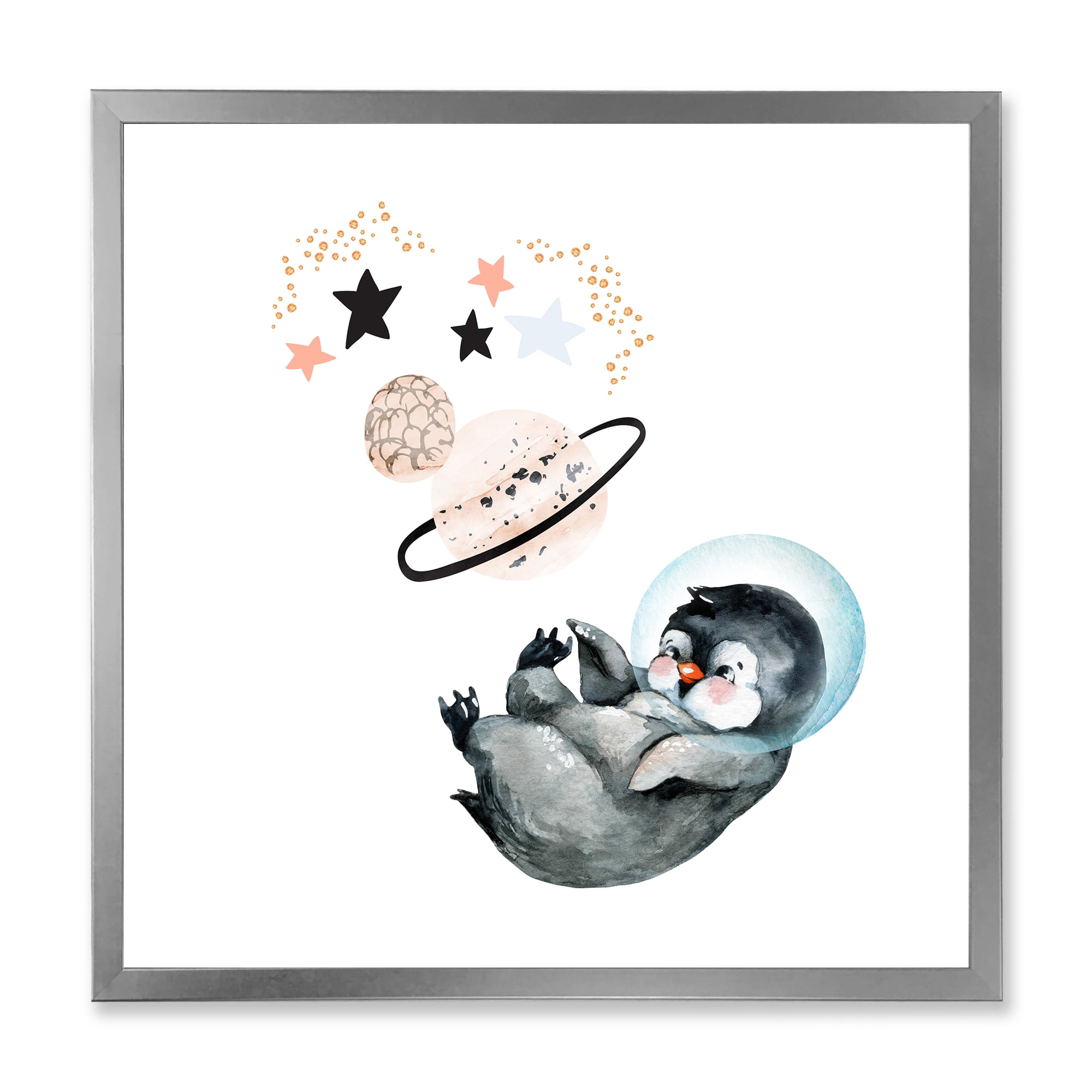 Designart 'Little Penguin With Planets and Stars I' Farmhouse Framed Art Print