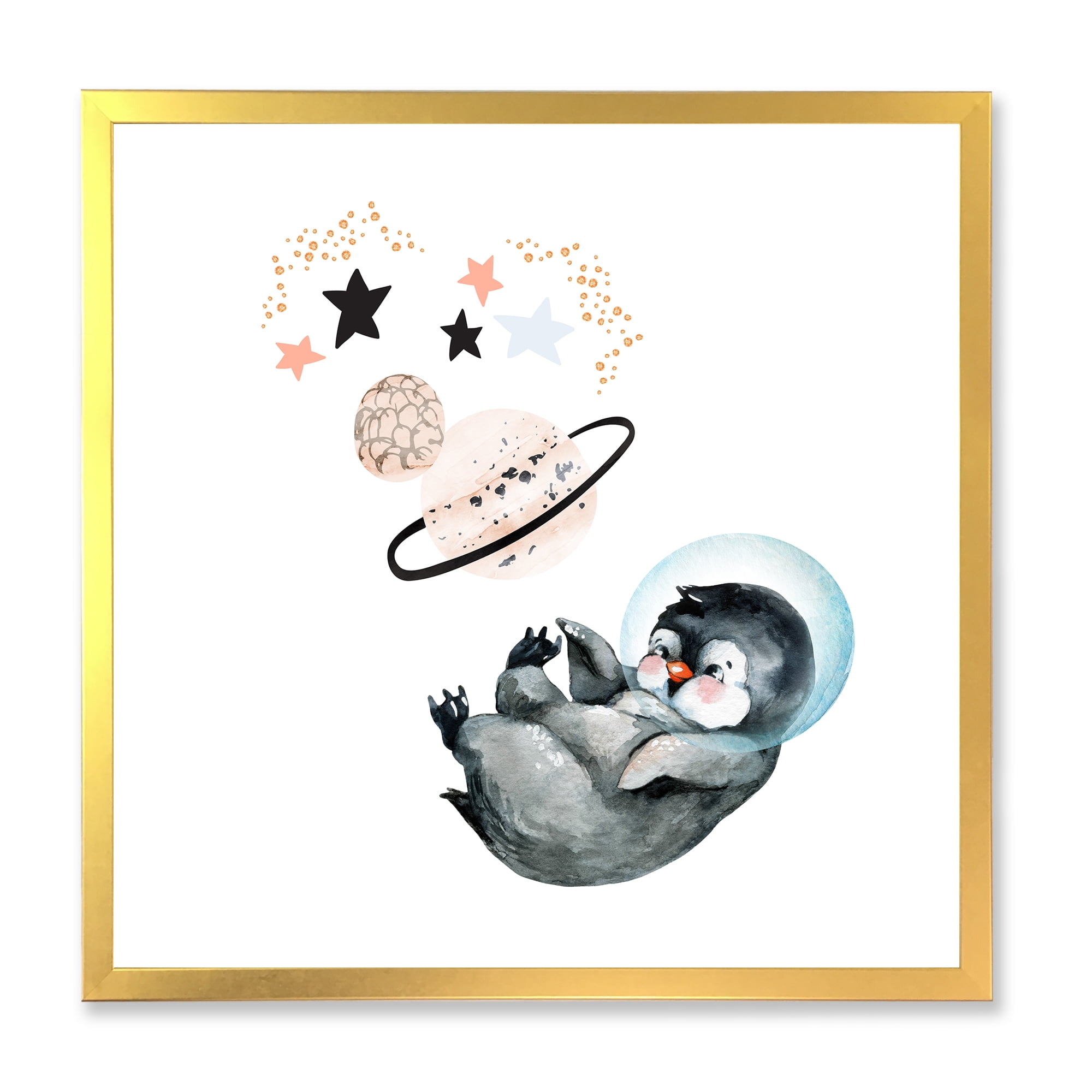 Designart 'Little Penguin With Planets and Stars I' Farmhouse Framed Art Print
