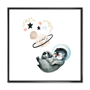 Designart 'Little Penguin With Planets and Stars I' Farmhouse Framed Canvas Wall Art Print