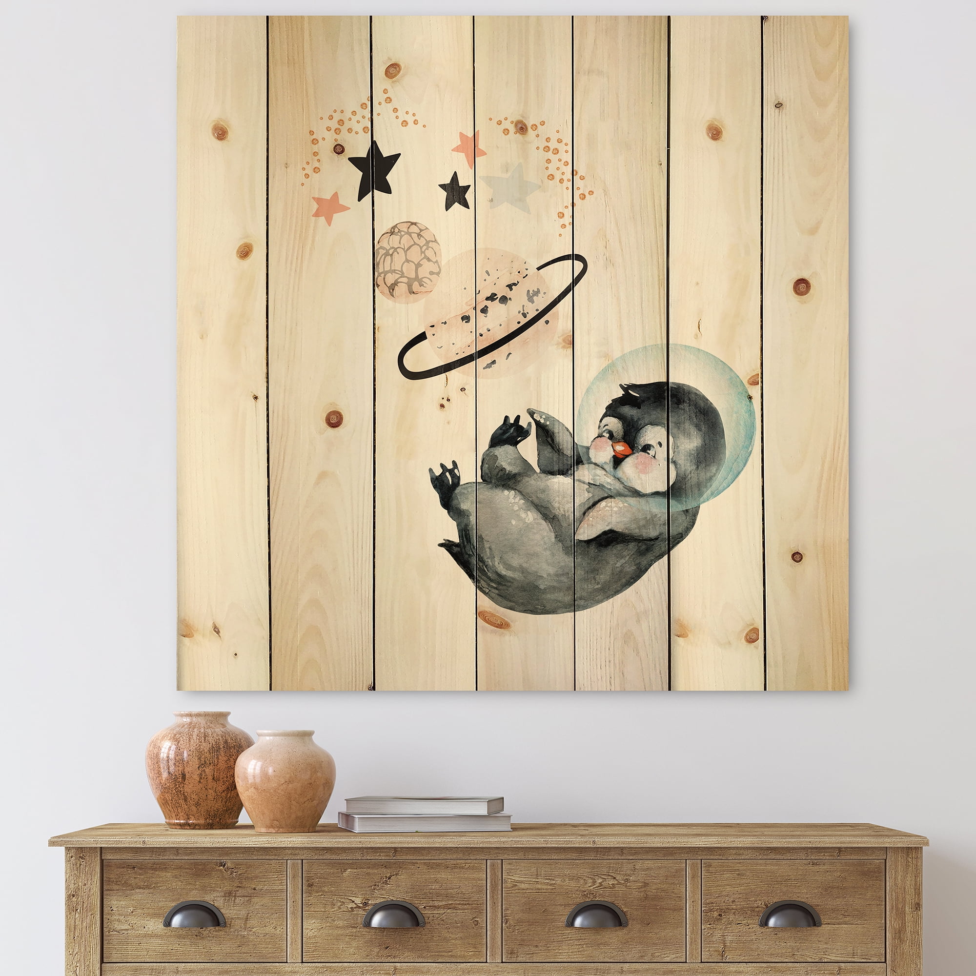 Designart 'Little Penguin With Planets and Stars I' Farmhouse Print on Natural Pine Wood