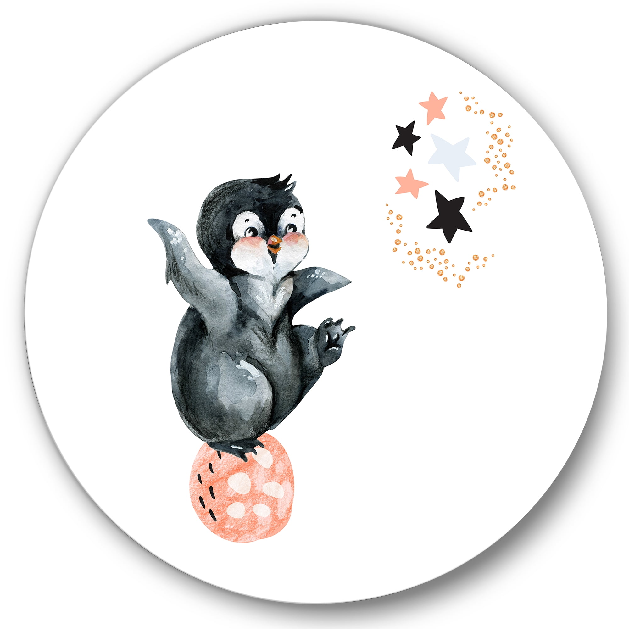 Designart 'Little Penguin With Planets and Stars II' Farmhouse Circle Metal Wall Art 23x23 - Disc of 23