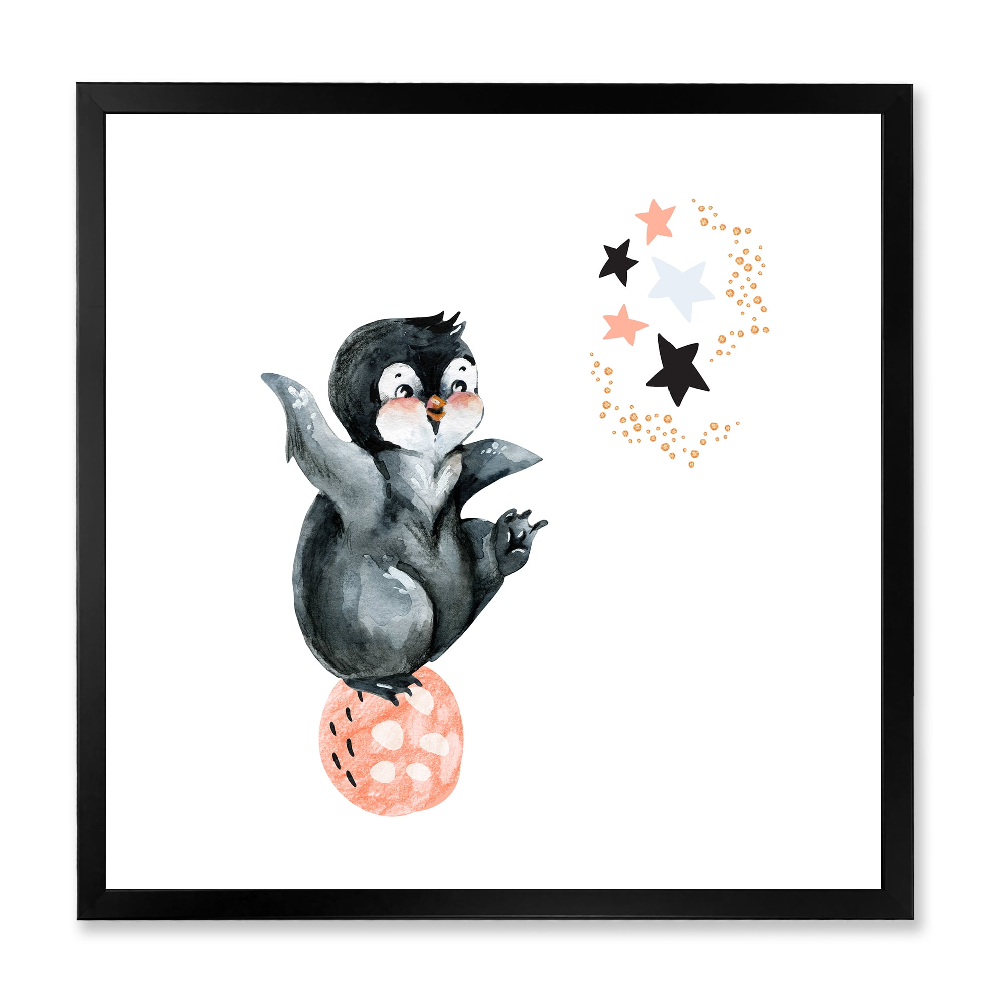 Designart 'Little Penguin With Planets and Stars II' Farmhouse Framed Art Print