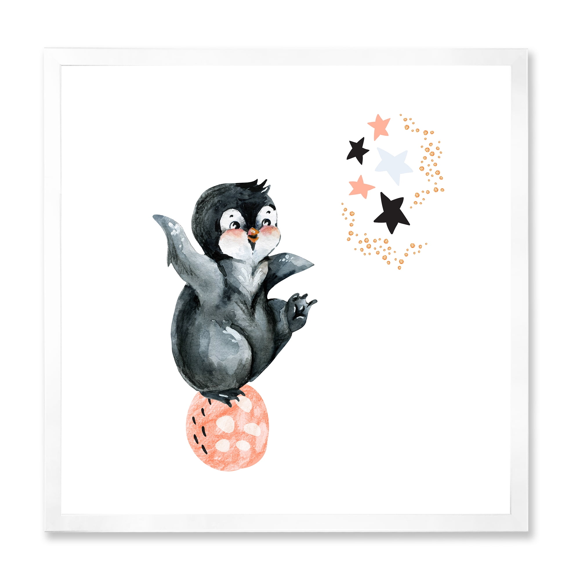 Designart 'Little Penguin With Planets and Stars II' Farmhouse Framed Art Print