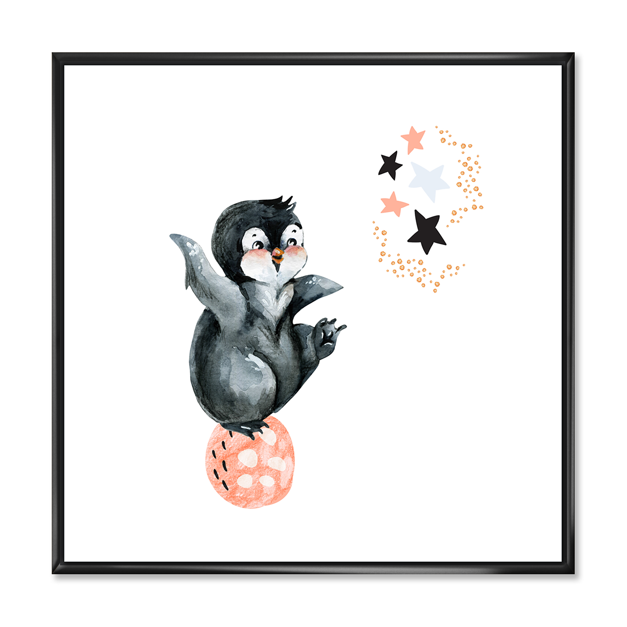 Designart 'Little Penguin With Planets and Stars II' Farmhouse Framed Canvas Wall Art Print