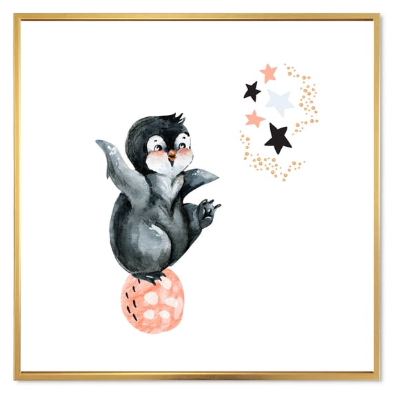 Designart 'Little Penguin With Planets and Stars II' Farmhouse Framed Canvas Wall Art Print