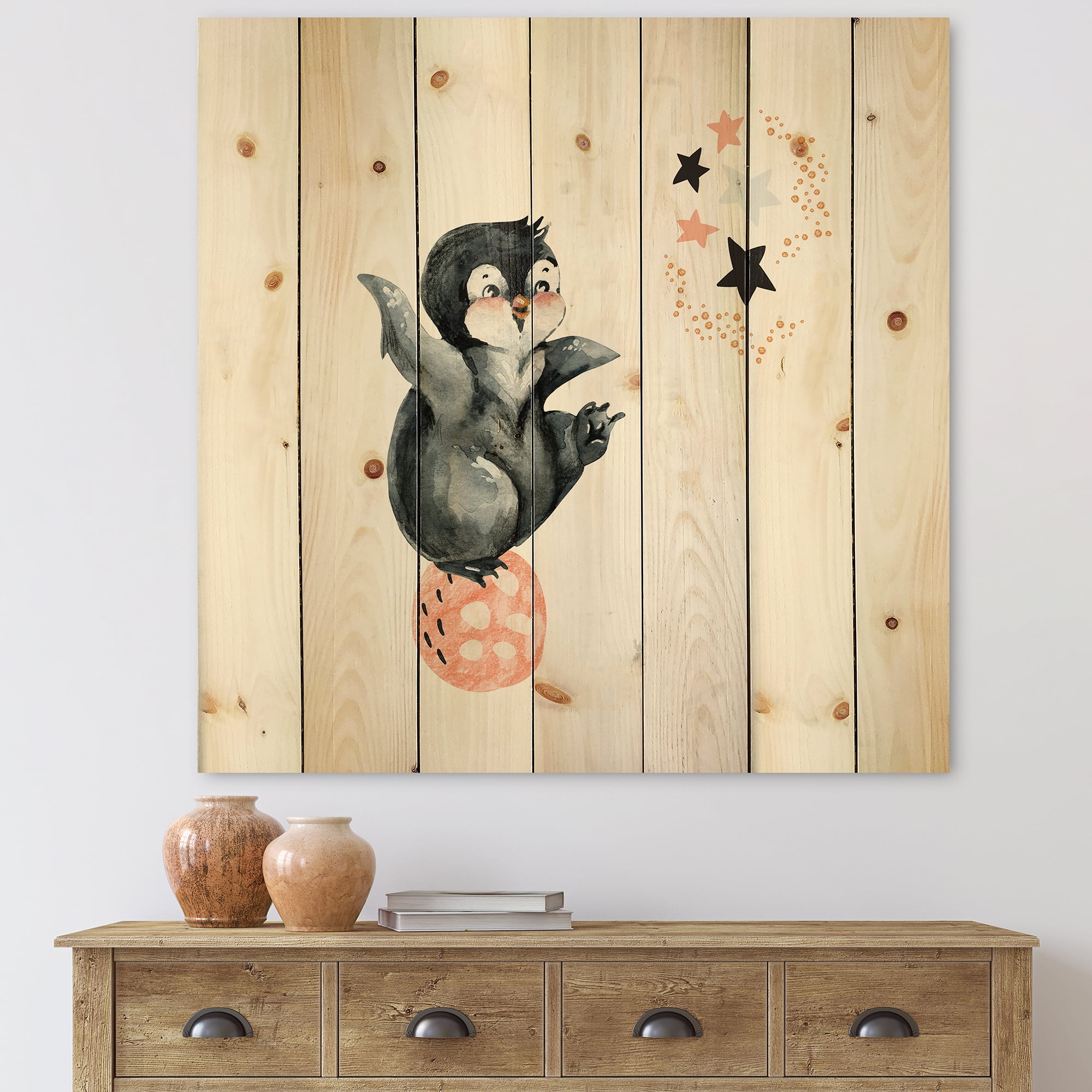 Designart 'Little Penguin With Planets and Stars II' Farmhouse Print on Natural Pine Wood