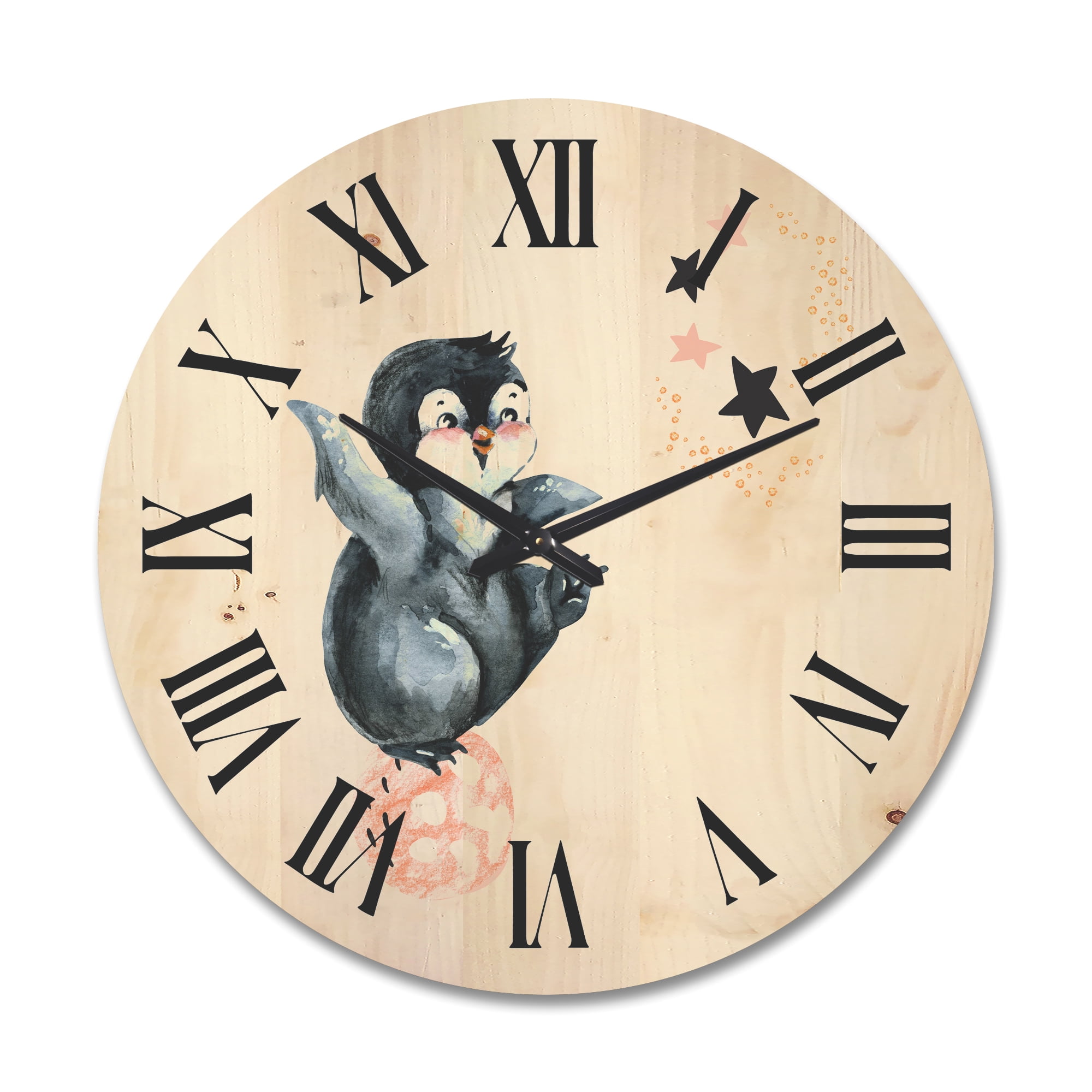 Designart 'Little Penguin With Planets and Stars II' Farmhouse Wood Wall Clock