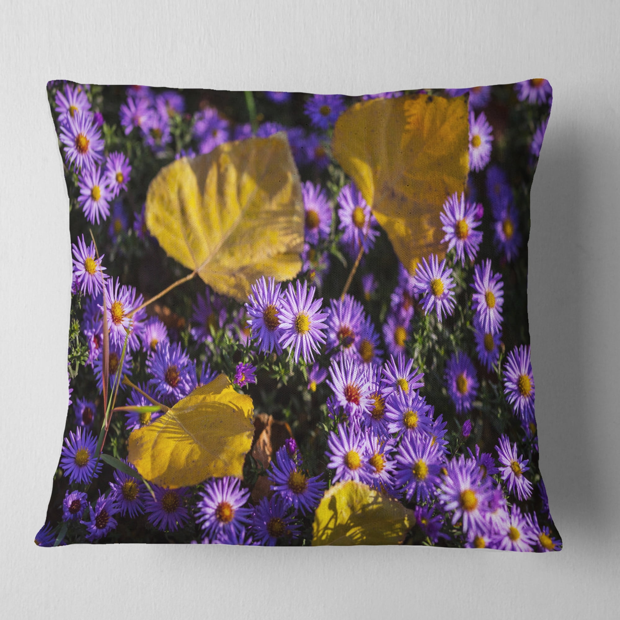 Designart Little Purple Flowers and Yellow Leaves - Floral Throw Pillow - 16x16