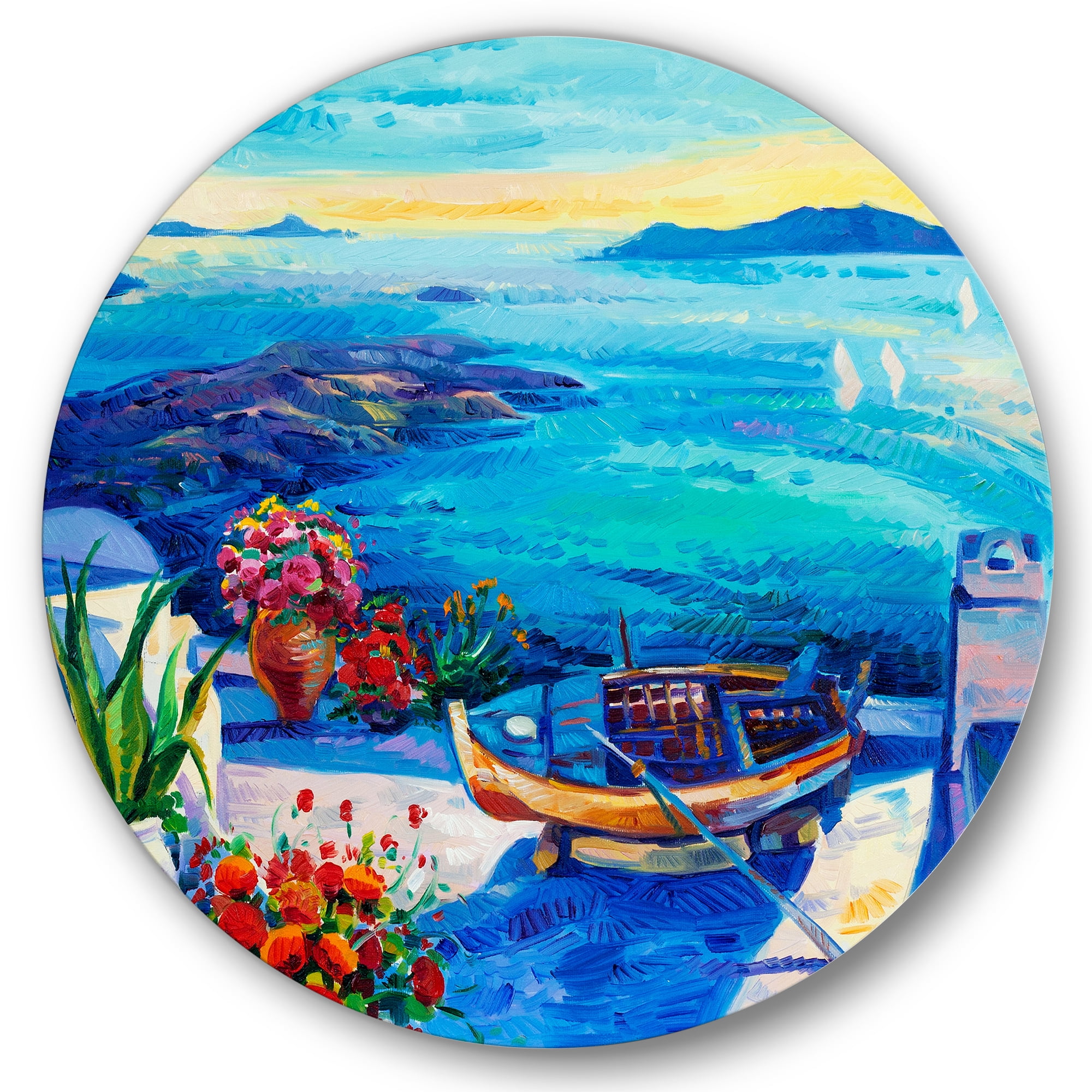 Designart 'Little Red Flowers With Sea View' Nautical & Coastal Circle Metal Wall Art 23x23 - Disc of 23