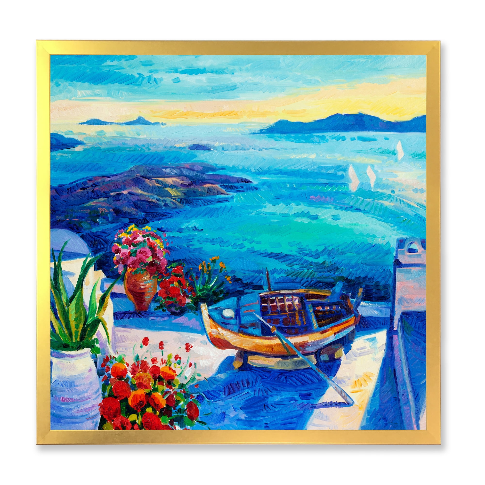 Designart 'Little Red Flowers With Sea View' Nautical & Coastal Framed Art Print
