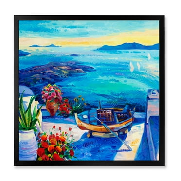 Designart 'Little Red Flowers With Sea View' Nautical & Coastal Framed Art Print