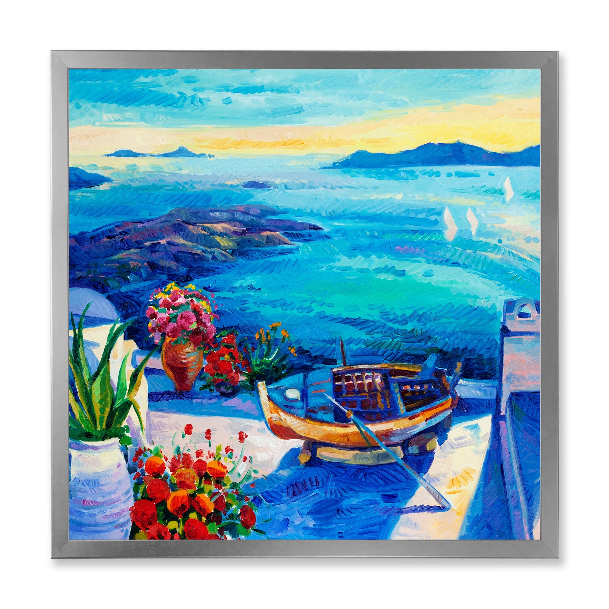 Designart 'Little Red Flowers With Sea View' Nautical & Coastal Framed Art Print