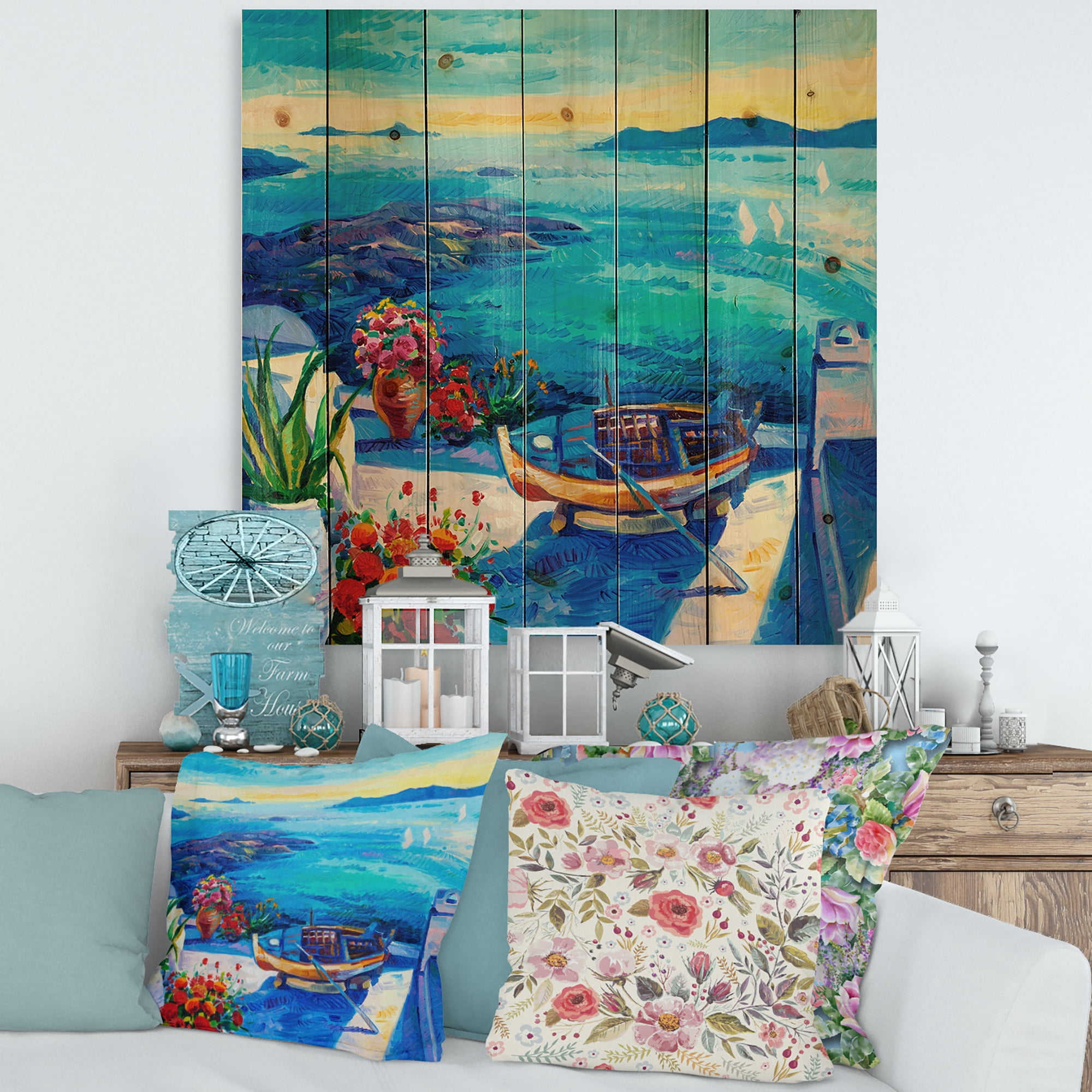 Designart 'Little Red Flowers With Sea View' Nautical & Coastal Print on Natural Pine Wood
