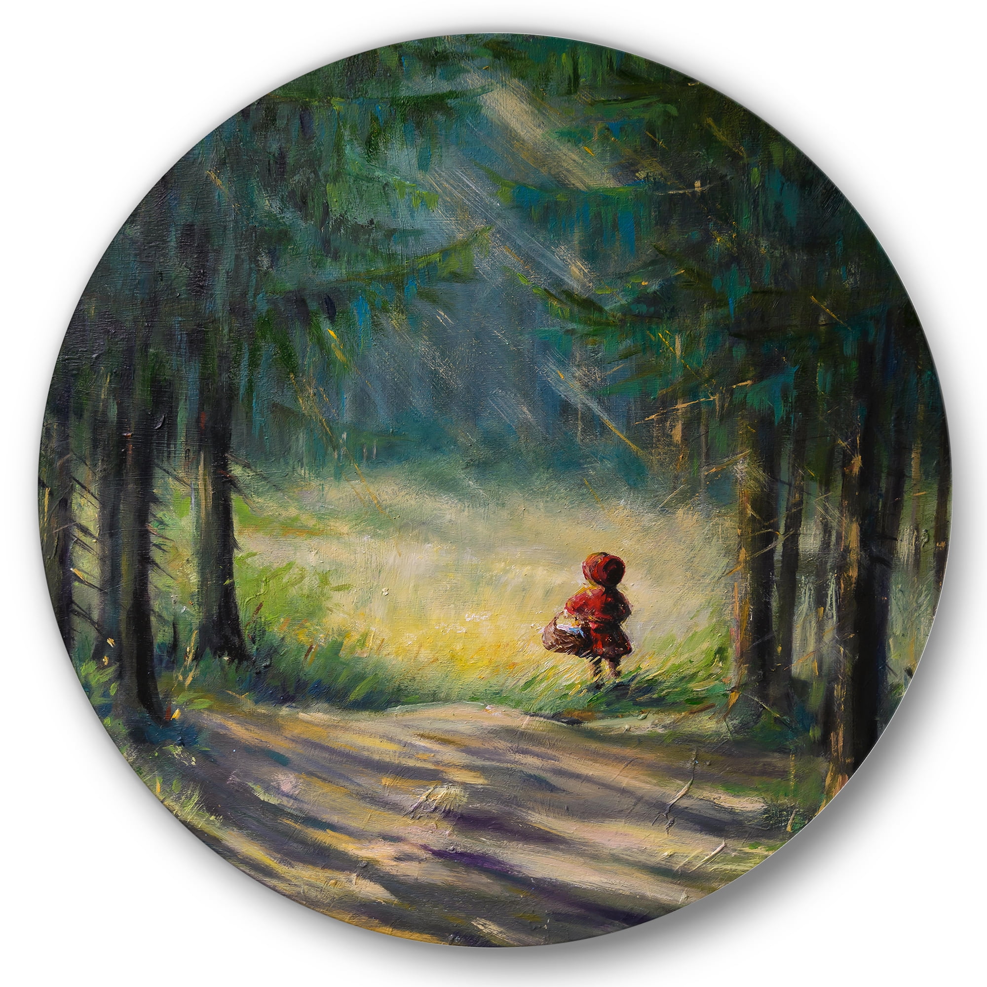 Designart 'Little Red Kid Riding Hood In The Woods' Traditional Circle Metal Wall Art 29x29 - Disc of 29