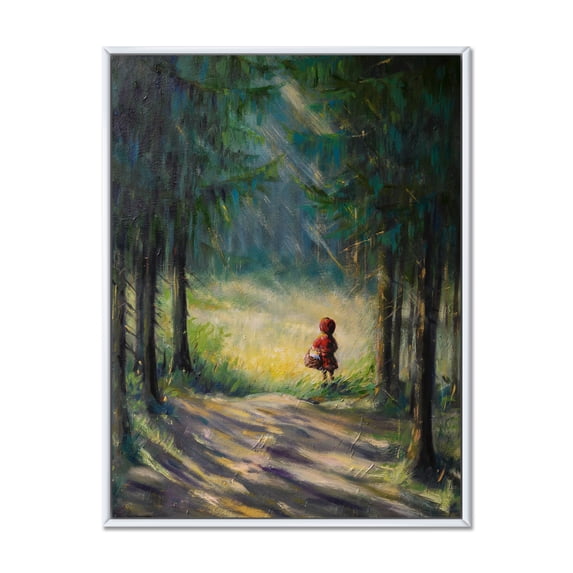 Designart 'Little Red Kid Riding Hood In The Woods' Traditional Framed Canvas Wall Art Print