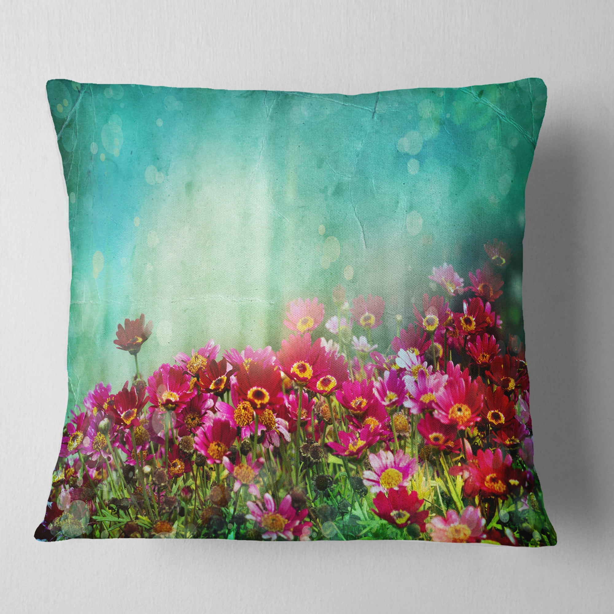 Designart Little Red and Pink Flowers on Blue - Floral Throw Pillow - 16x16