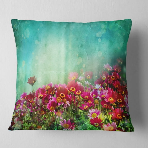 Designart Little Red and Pink Flowers on Blue - Floral Throw Pillow - 18x18