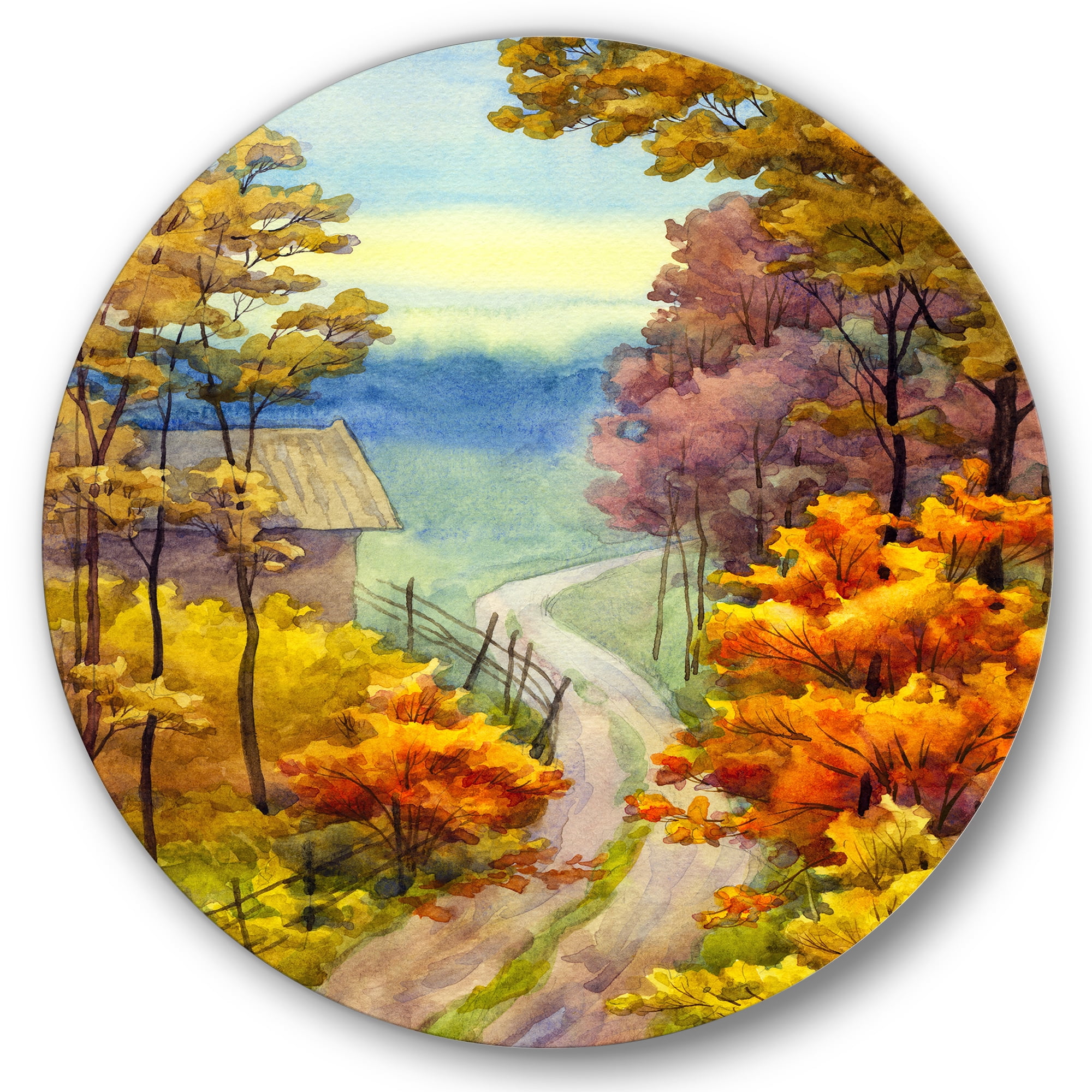 Designart 'Little Road Through VIbrant Autumn Scene' Lake House Circle Metal Wall Art 29x29 - Disc of 29
