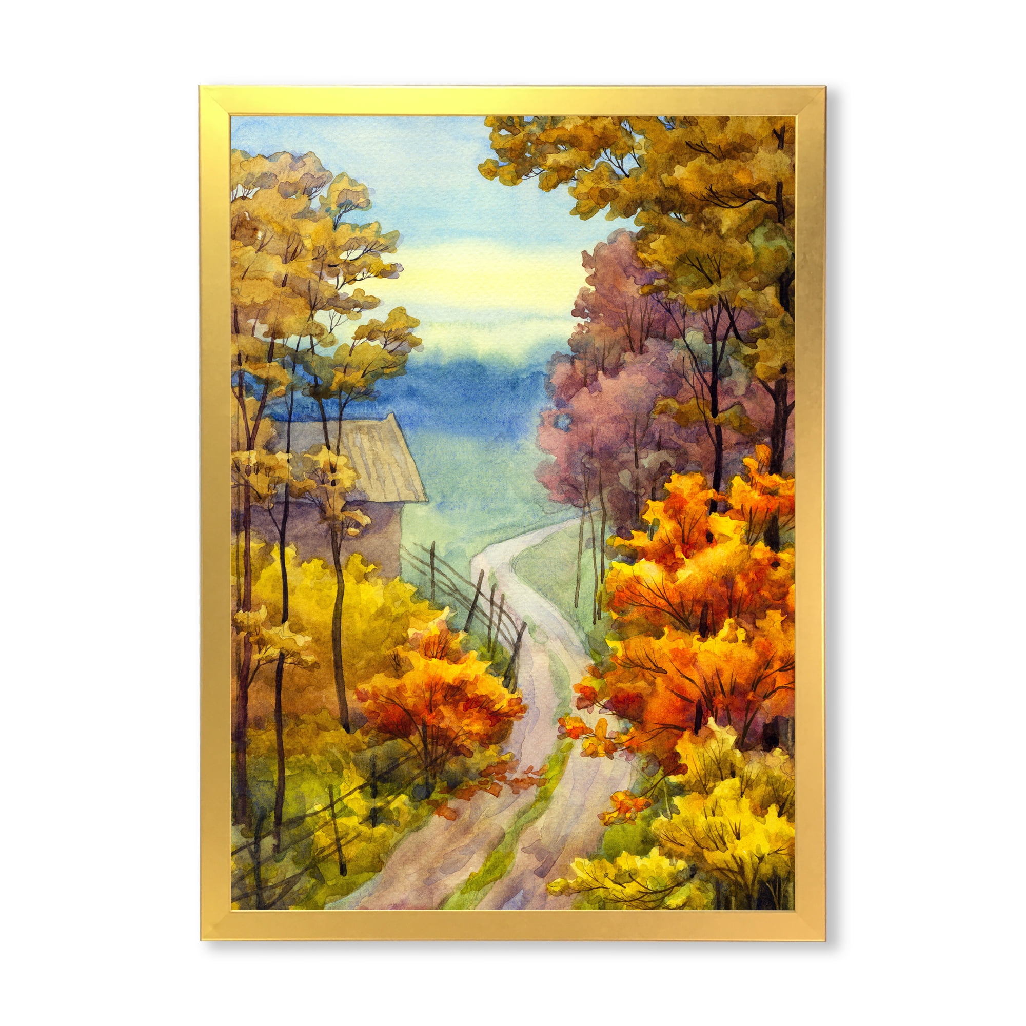 Designart 'Little Road Through VIbrant Autumn Scene' Lake House Framed Art Print