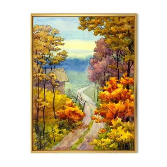 Designart 'Little Road Through VIbrant Autumn Scene' Lake House Framed Canvas Wall Art Print