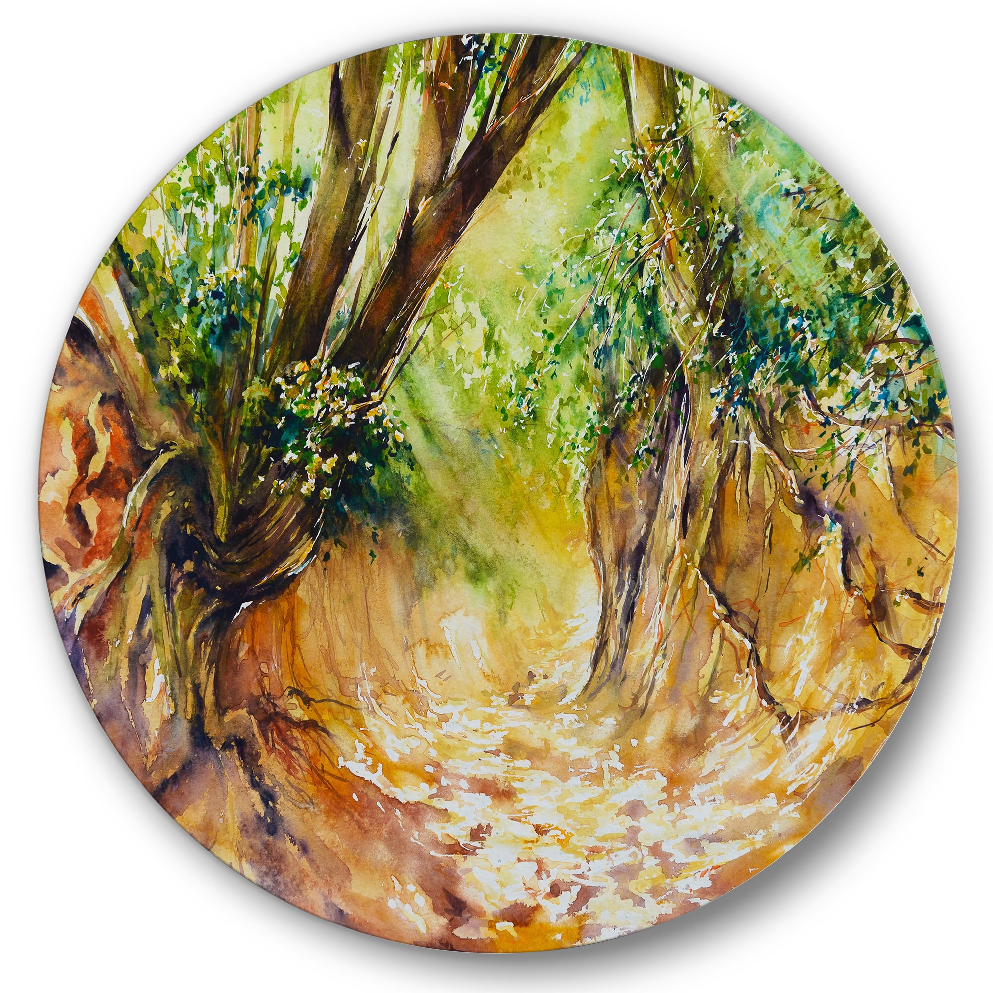 Designart 'Little Road in Deep Forest ' Traditional Circle Metal Wall Art 29x29 - Disc of 29