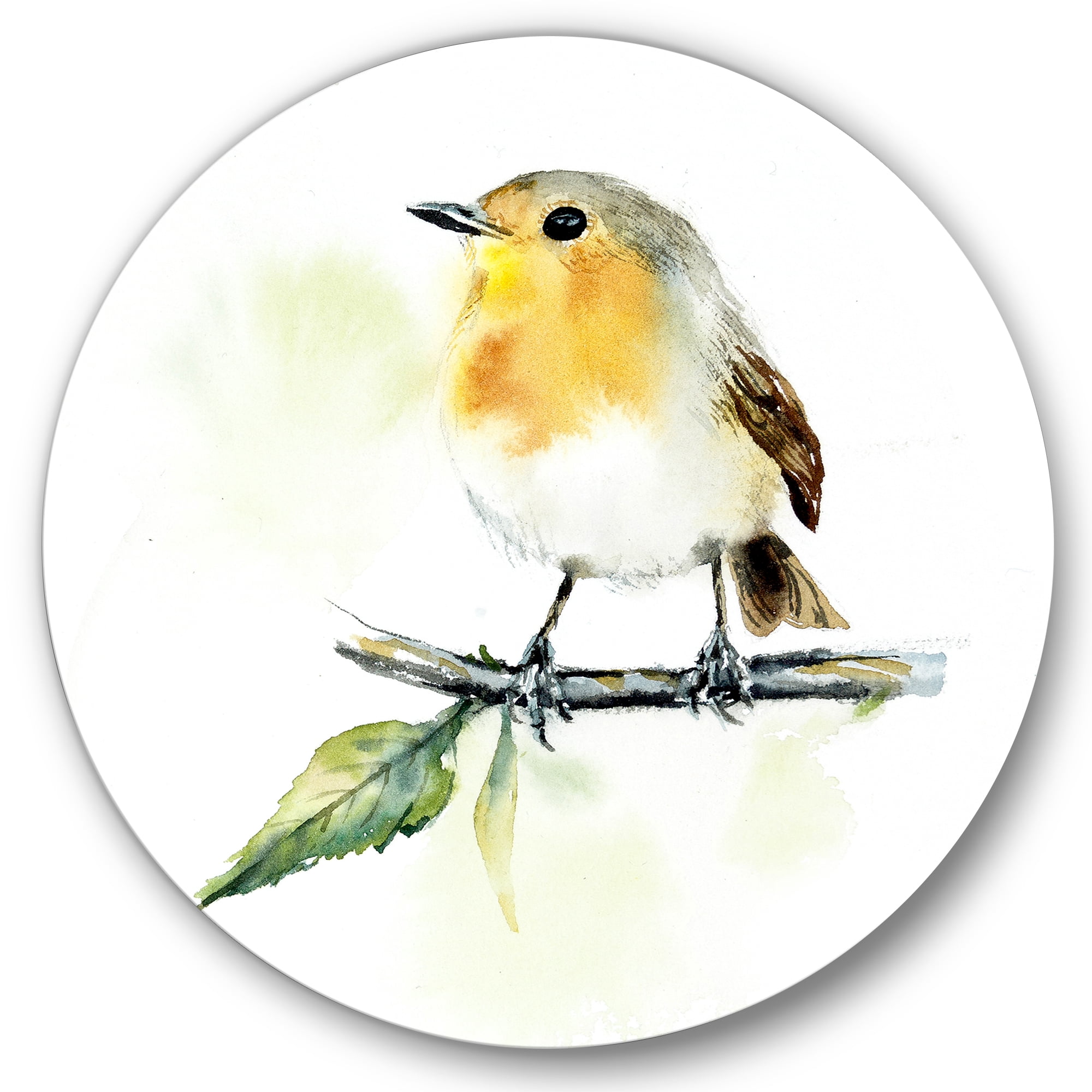Designart 'Little Robin Bird Sitting On A Branch' Traditional Circle Metal Wall Art 36x36 - Disc of 36