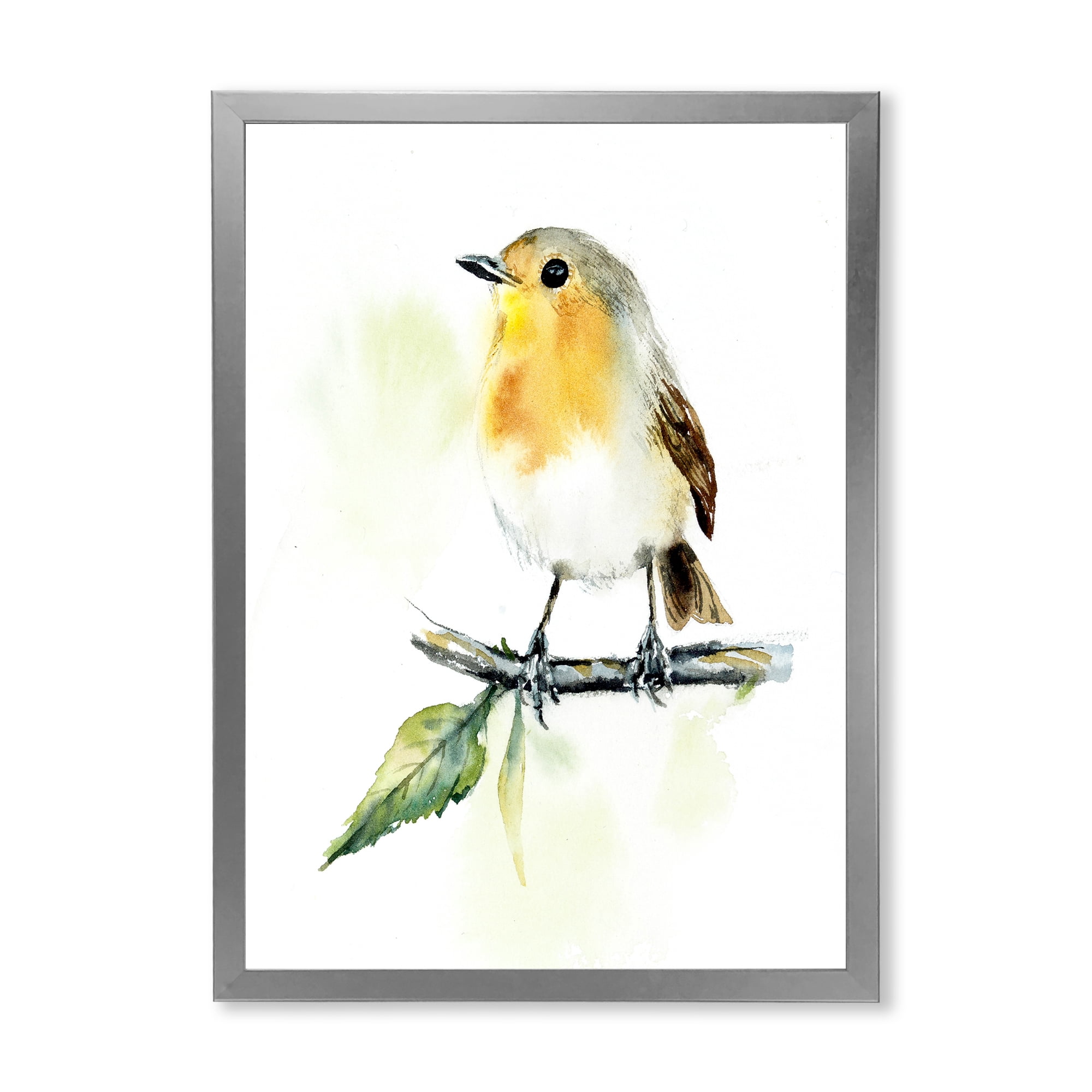 Designart 'Little Robin Bird Sitting On A Branch' Traditional Framed Art Print