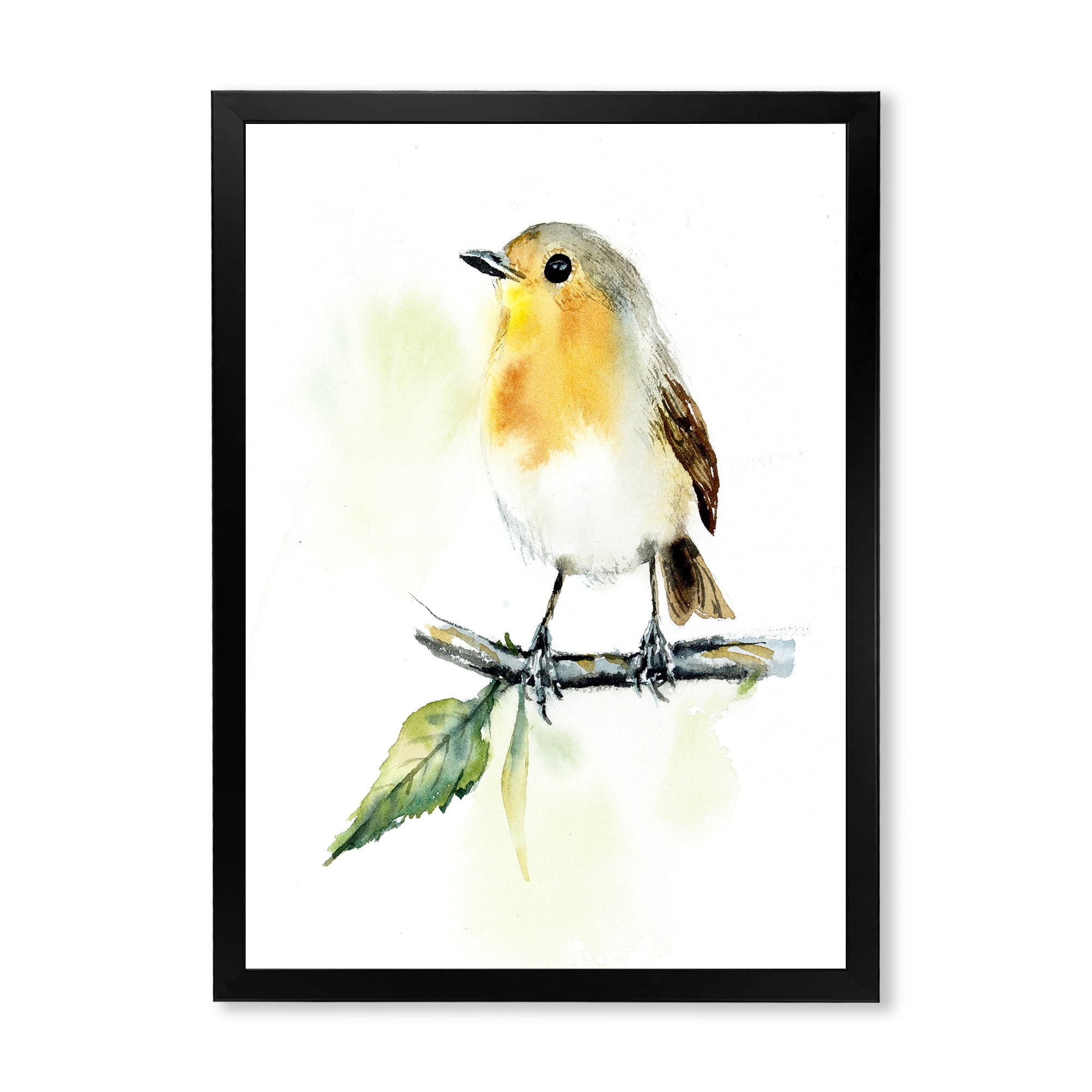 Designart 'Little Robin Bird Sitting On A Branch' Traditional Framed Art Print