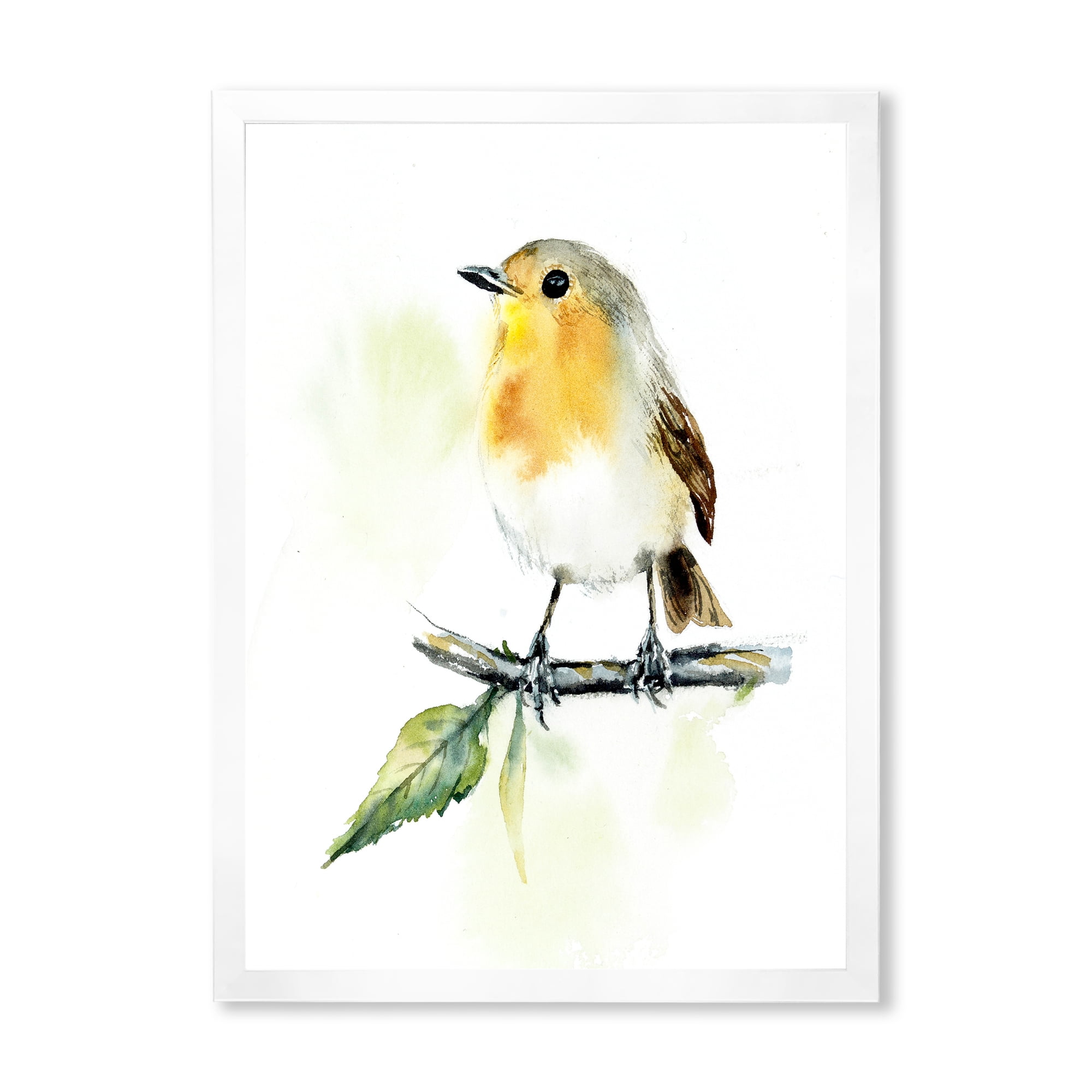 Designart 'Little Robin Bird Sitting On A Branch' Traditional Framed Art Print