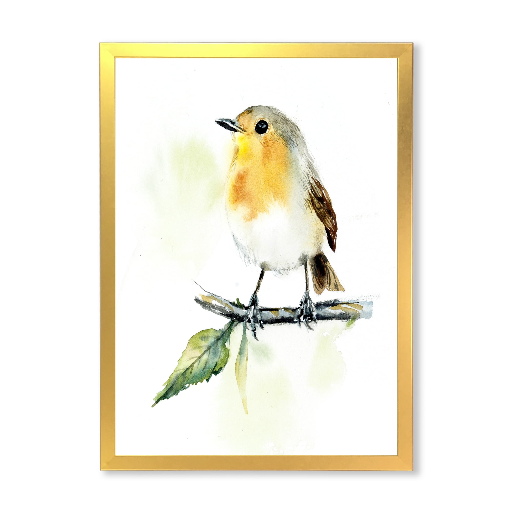 Designart 'Little Robin Bird Sitting On A Branch' Traditional Framed Art Print