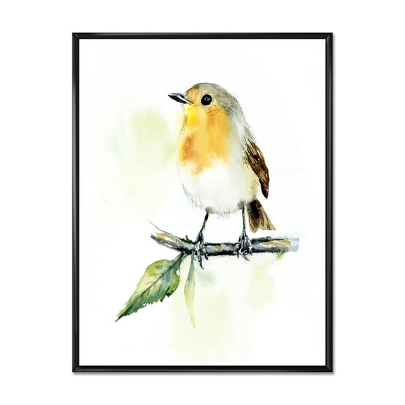 Designart 'Little Robin Bird Sitting On A Branch' Traditional Framed Canvas Wall Art Print