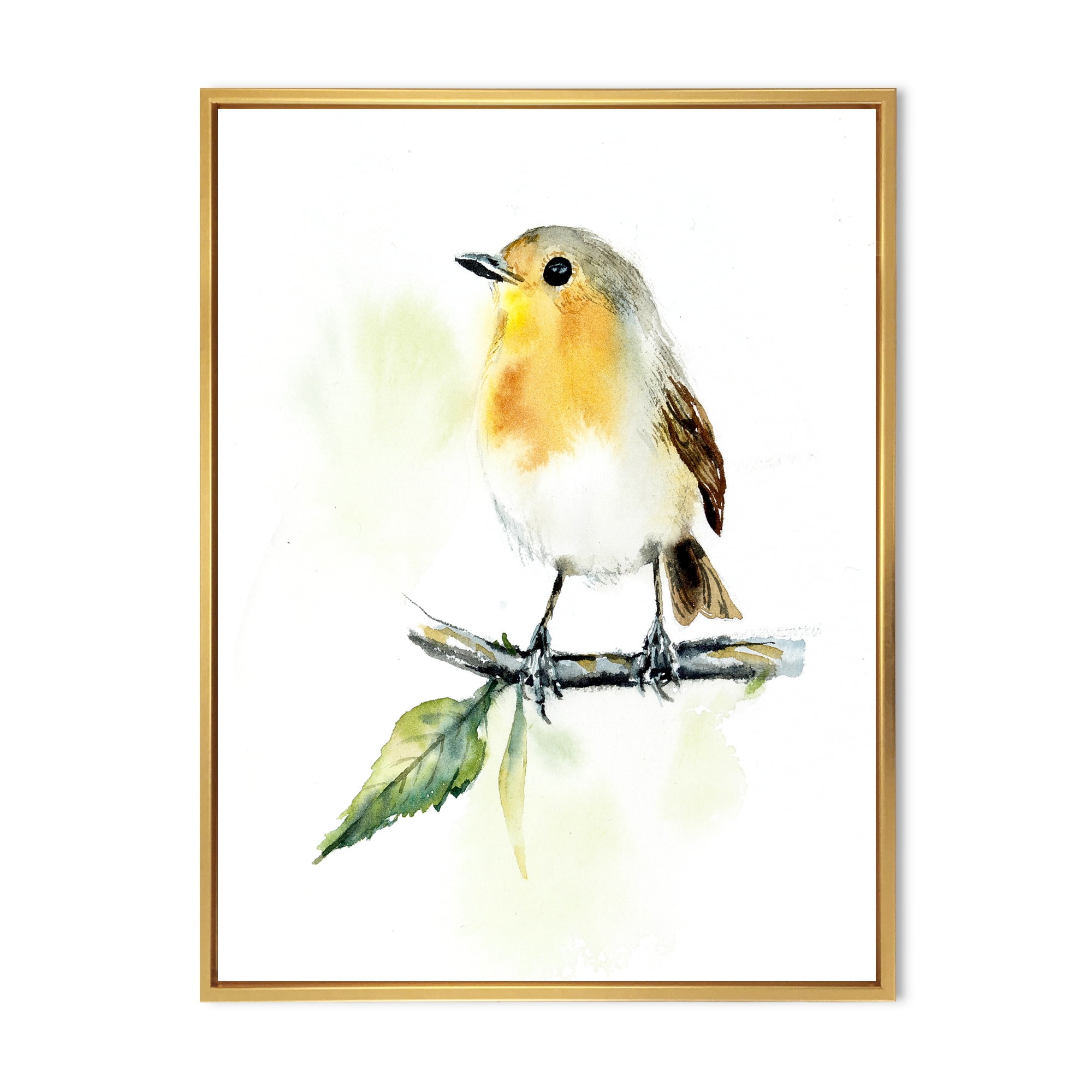 Designart 'Little Robin Bird Sitting On A Branch' Traditional Framed Canvas Wall Art Print
