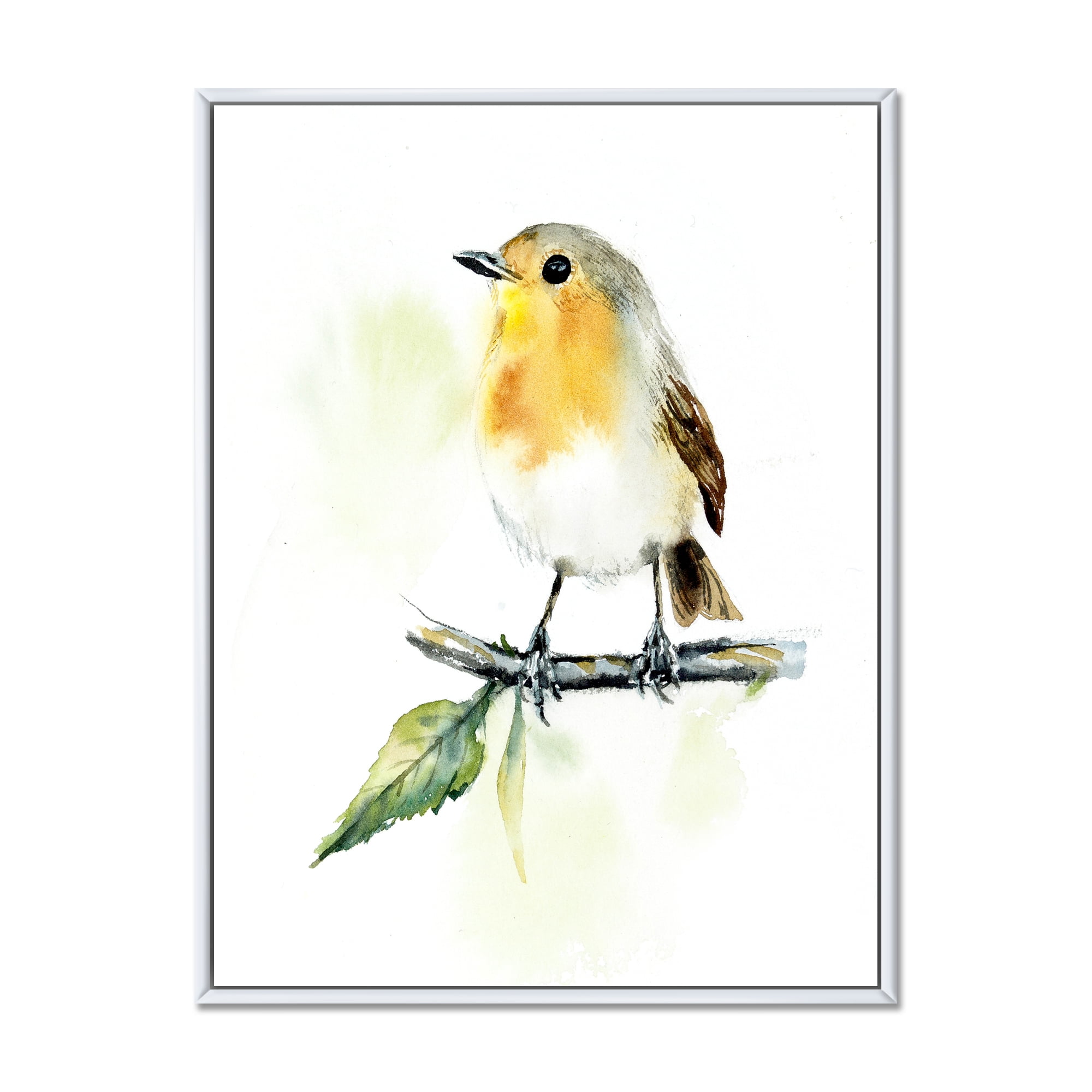 Designart 'Little Robin Bird Sitting On A Branch' Traditional Framed Canvas Wall Art Print