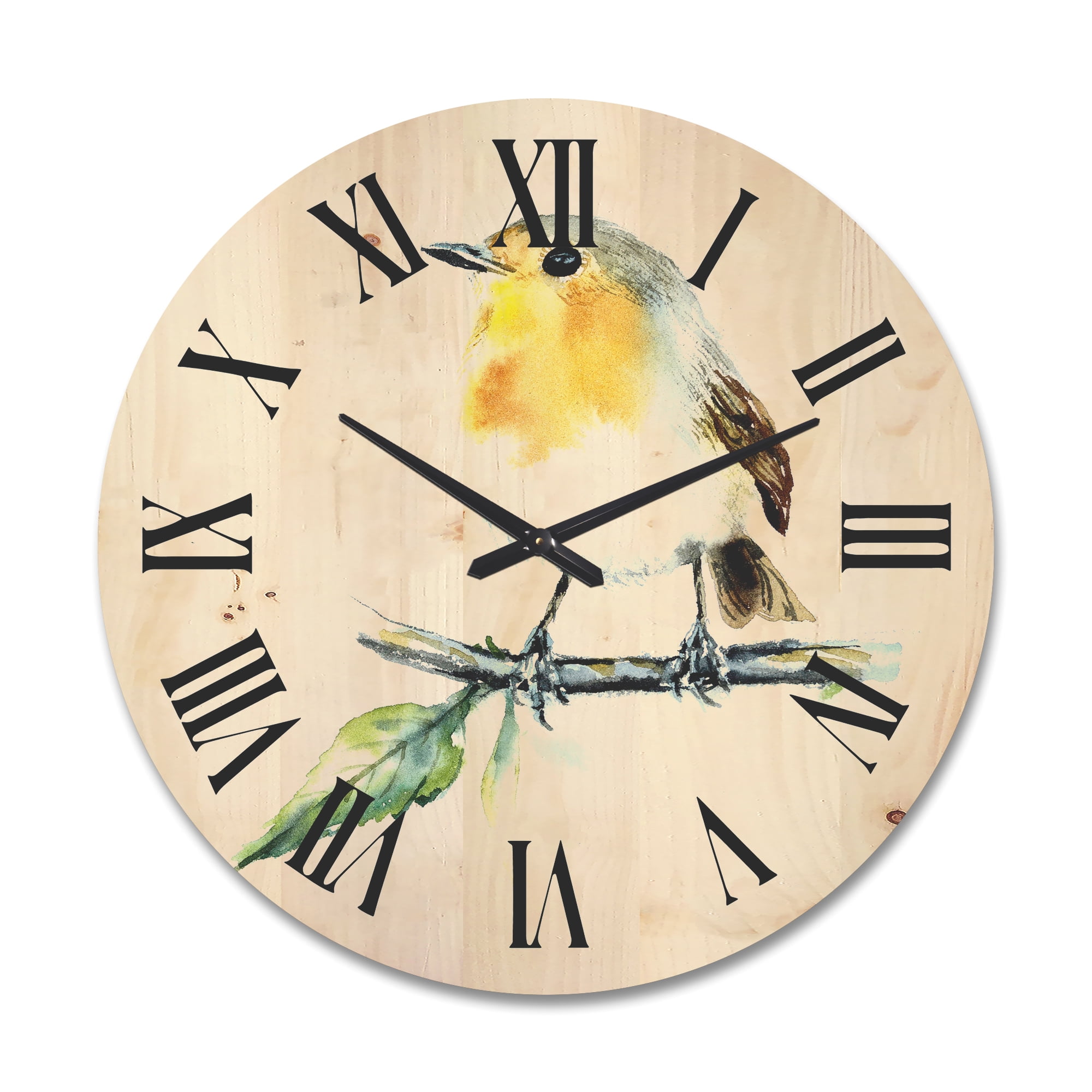 Designart 'Little Robin Bird Sitting On A Branch' Traditional Wood Wall Clock
