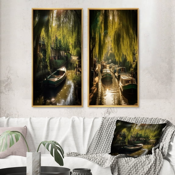 Designart "Little Venice Willow Tree and Boats Scene I" California Framed Wall Art Set Of 2 - Modern Green Framed Canvas Set For Living Room Decor
