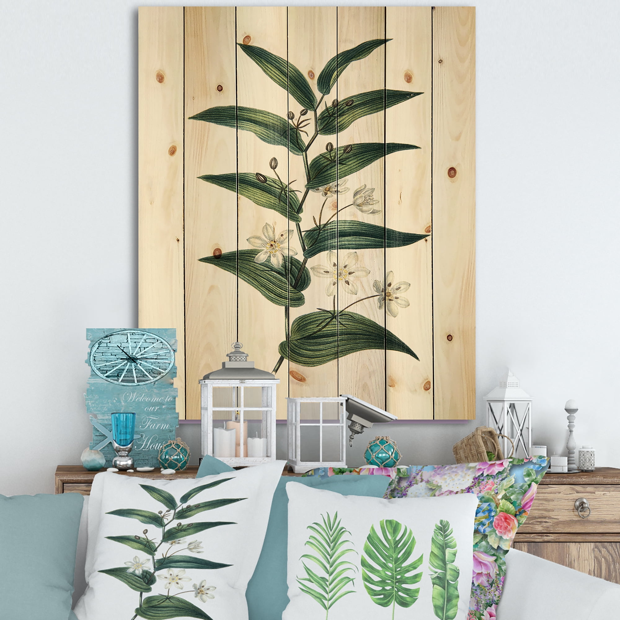 Designart 'Little White Flowers With Ancient Plant' Farmhouse Print on Natural Pine Wood