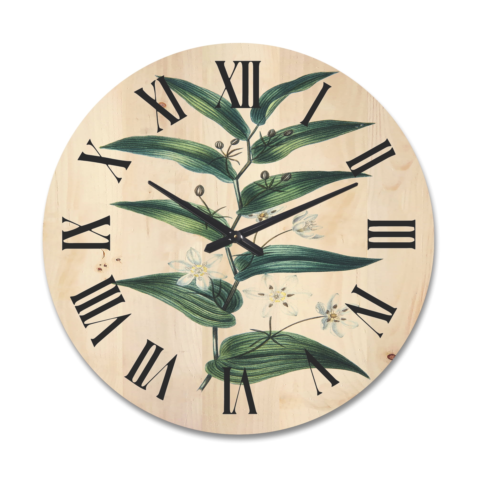 Designart 'Little White Flowers With Ancient Plant' Farmhouse Wood Wall Clock