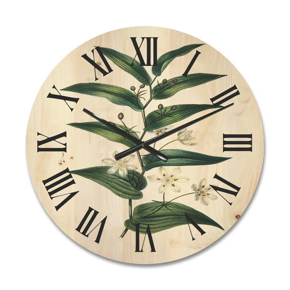 Designart 'Little White Flowers With Ancient Plant' Farmhouse Wood Wall Clock
