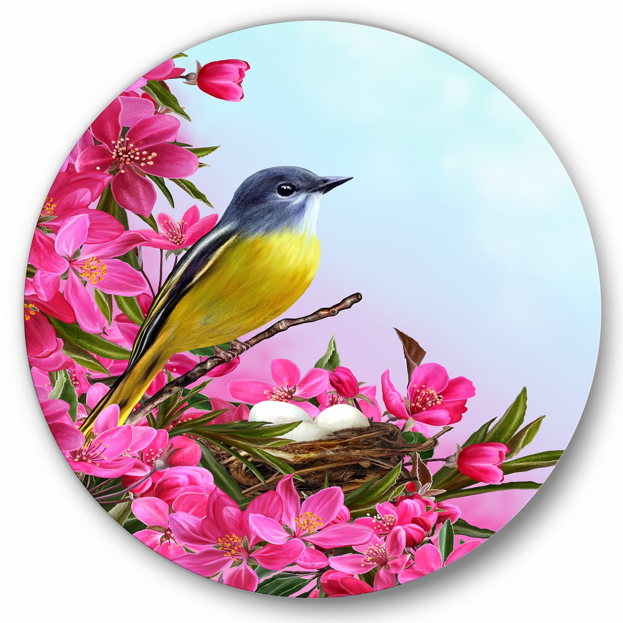 Designart 'Little Yellow Bird Near The Nest with Pink Flowers' Traditional Circle Metal Wall Art 36x36 - Disc of 36