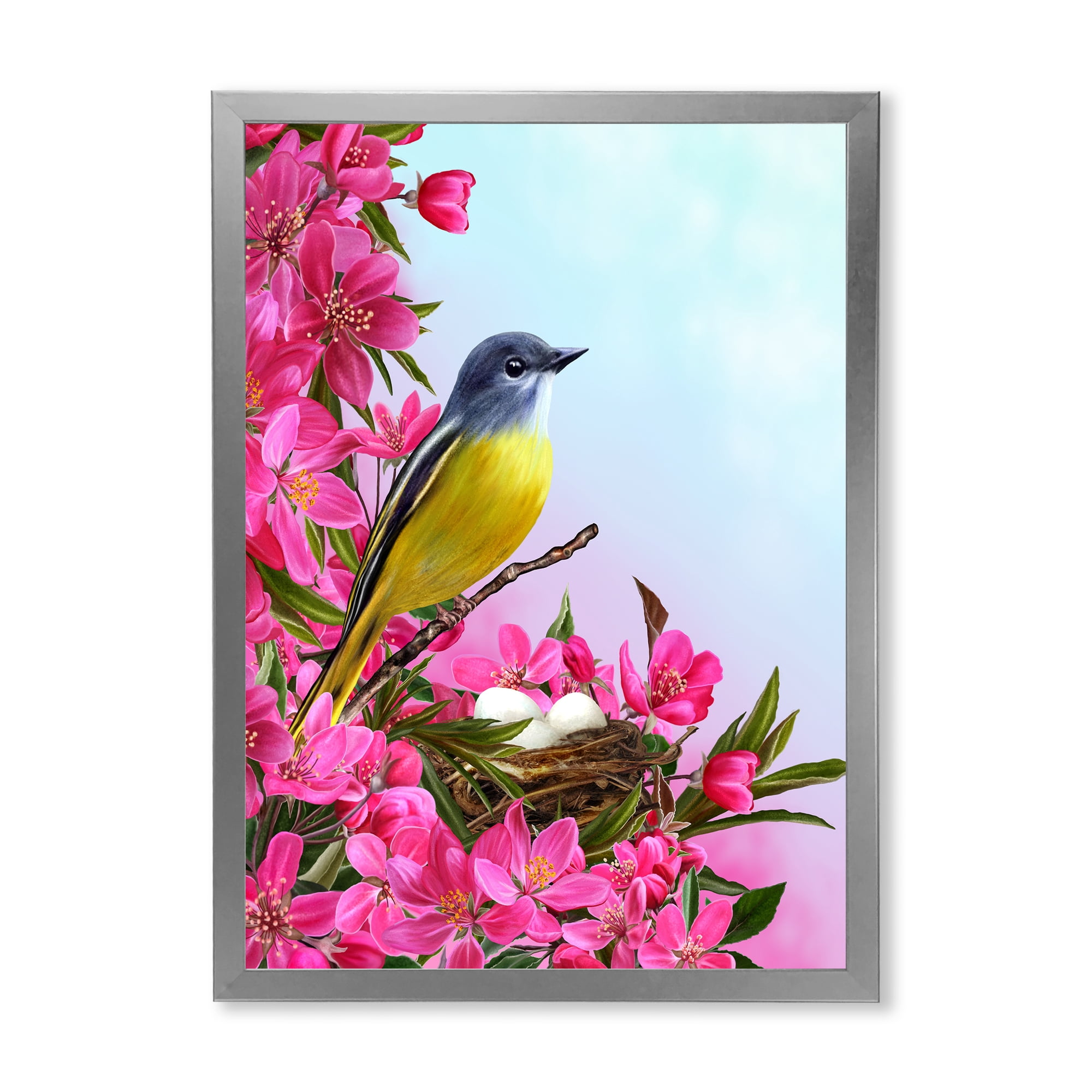 Designart 'Little Yellow Bird Near The Nest with Pink Flowers' Traditional Framed Art Print