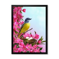 Designart 'Little Yellow Bird Near The Nest with Pink Flowers' Traditional Framed Art Print