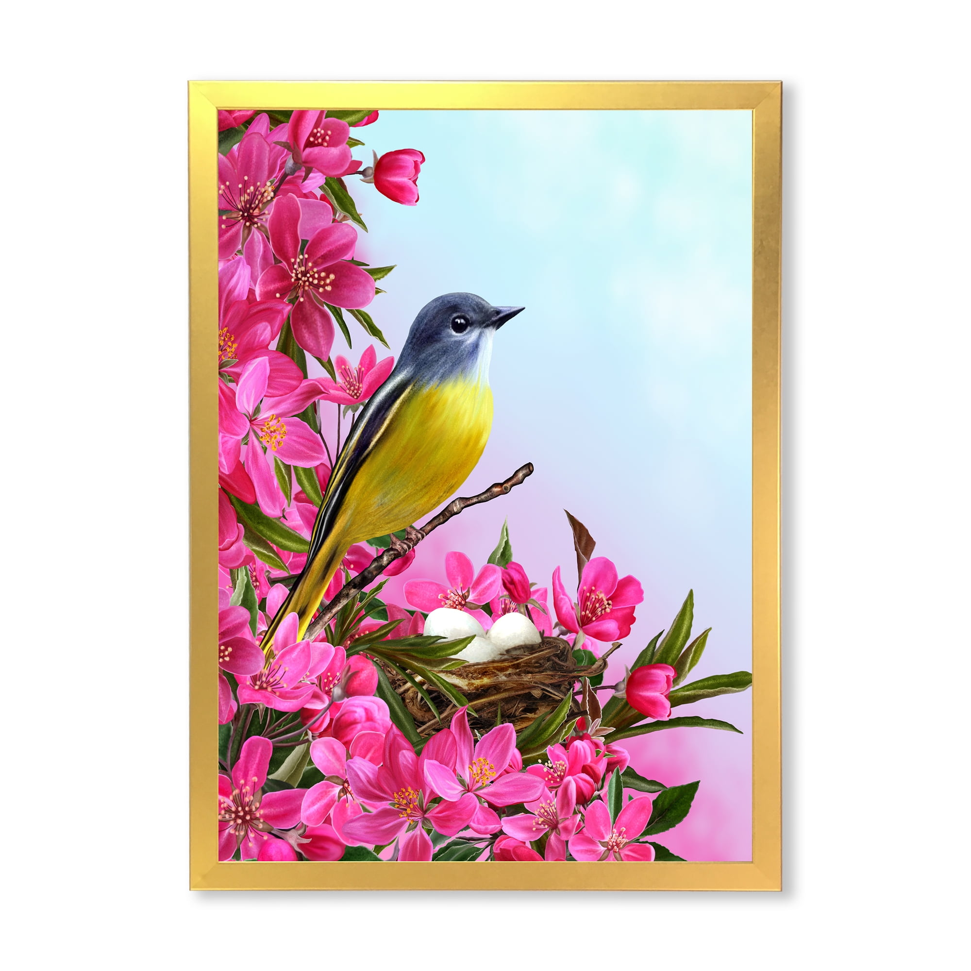 Designart 'Little Yellow Bird Near The Nest with Pink Flowers' Traditional Framed Art Print