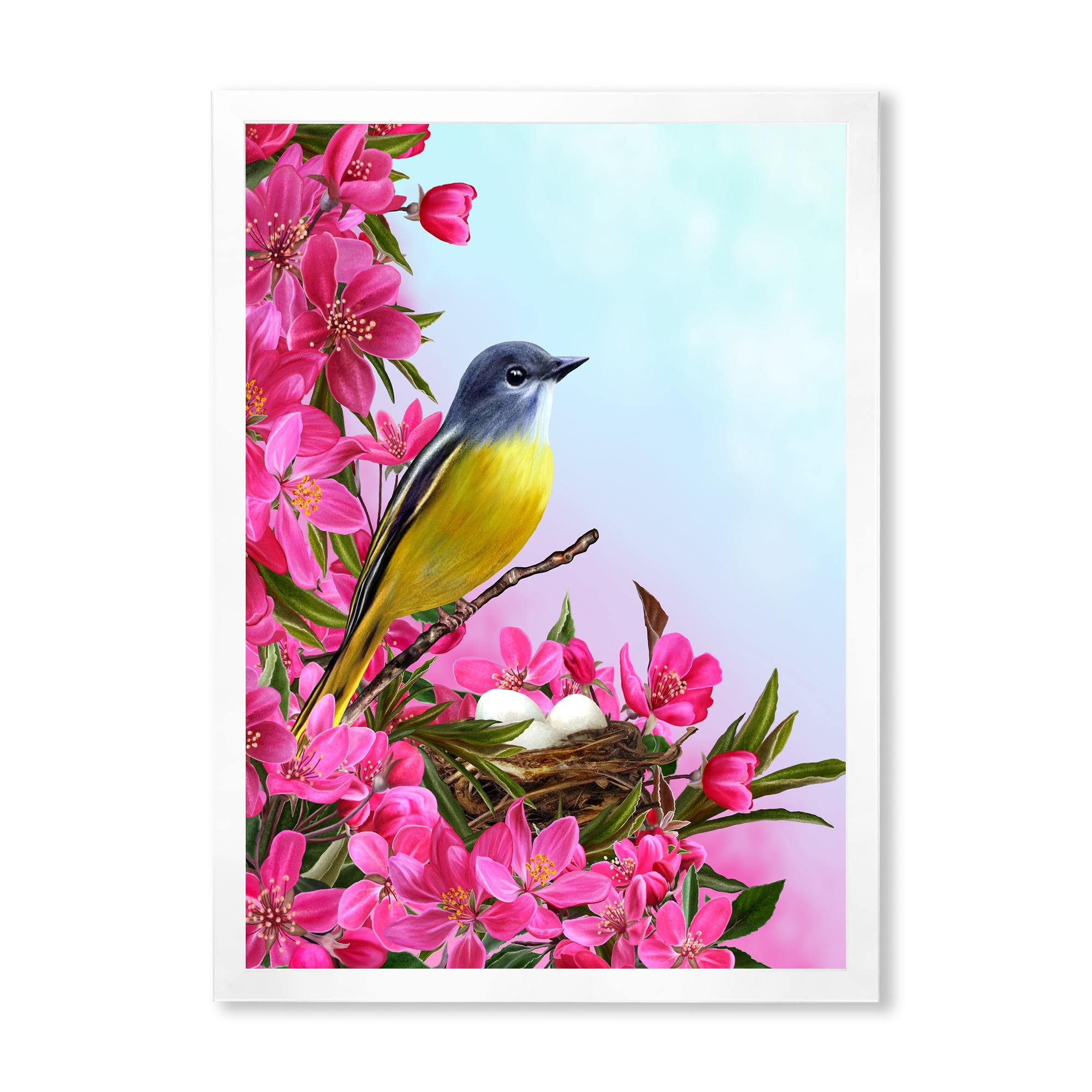 Designart 'Little Yellow Bird Near The Nest with Pink Flowers' Traditional Framed Art Print