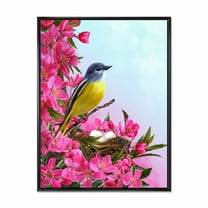 Designart 'Little Yellow Bird Near The Nest with Pink Flowers' Traditional Framed Canvas Wall Art Print