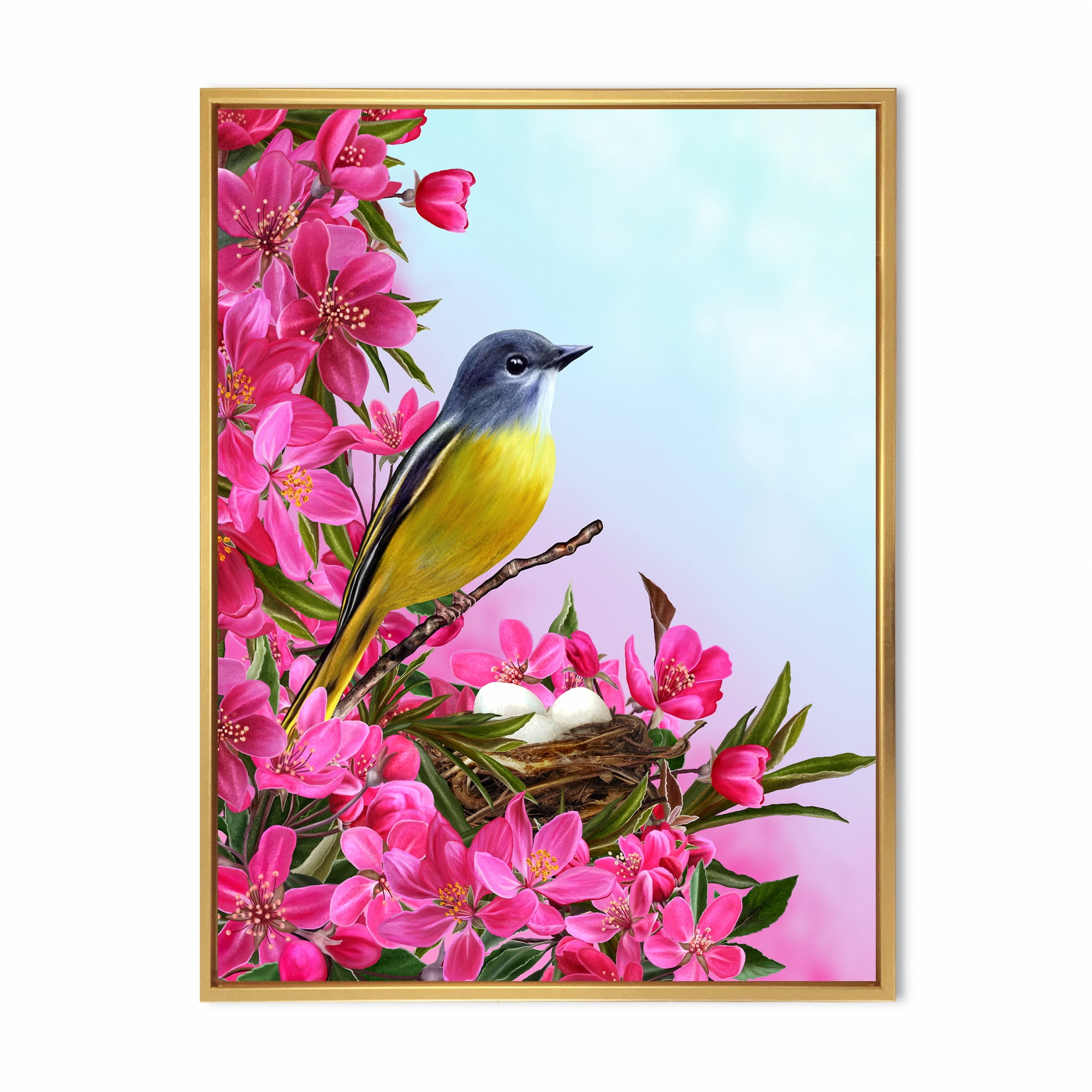Designart 'Little Yellow Bird Near The Nest with Pink Flowers' Traditional Framed Canvas Wall Art Print