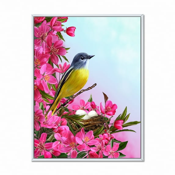 Designart 'Little Yellow Bird Near The Nest with Pink Flowers' Traditional Framed Canvas Wall Art Print
