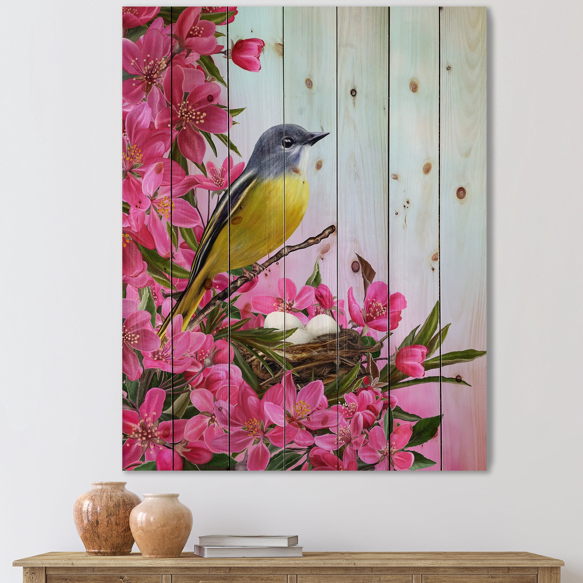 Designart 'Little Yellow Bird Near The Nest with Pink Flowers' Traditional Print on Natural Pine Wood