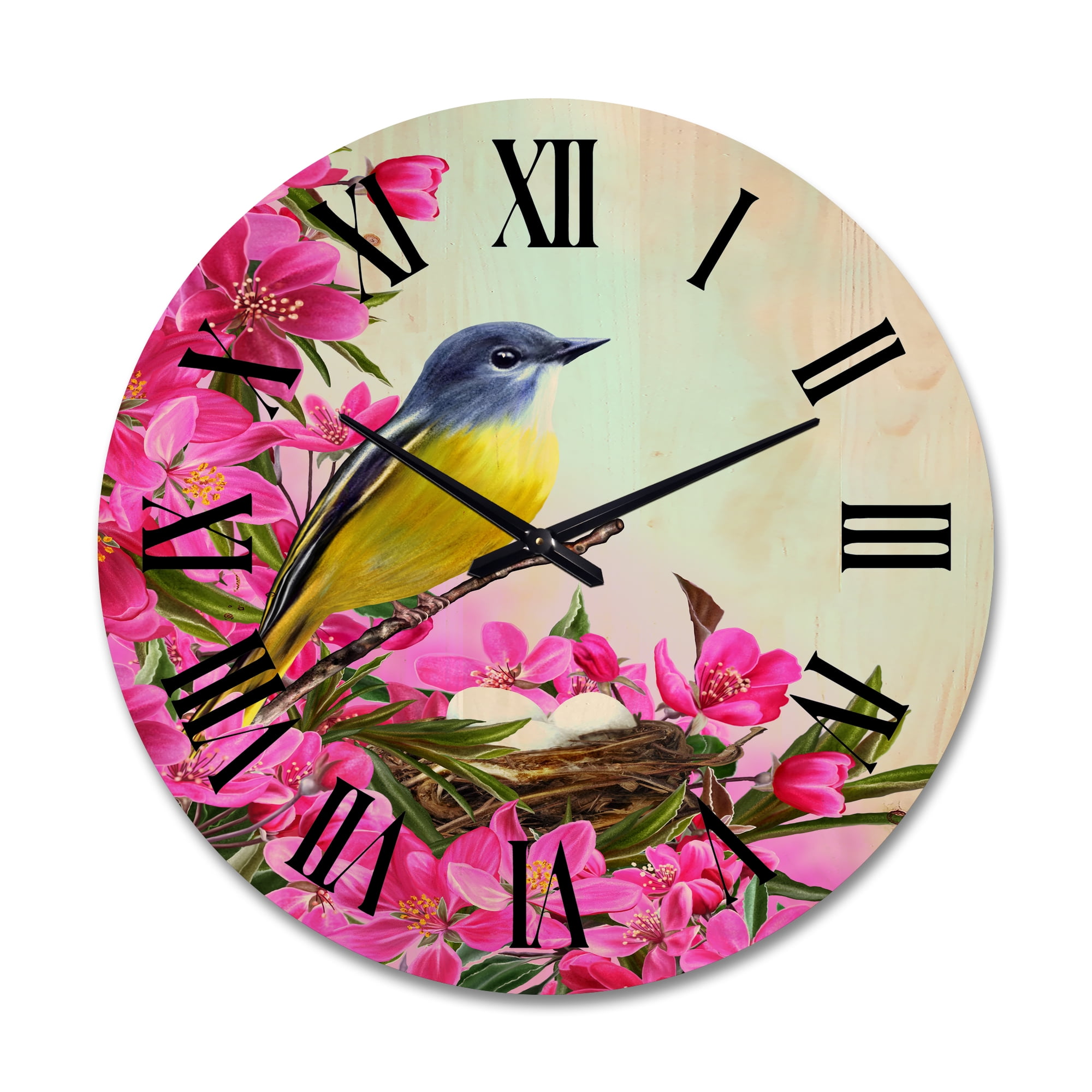 Designart 'Little Yellow Bird Near The Nest with Pink Flowers' Traditional Wood Wall Clock